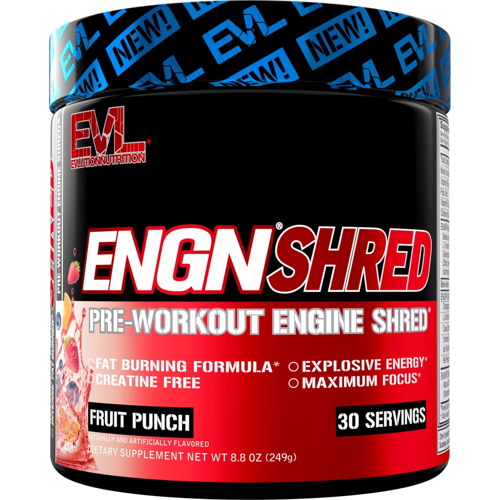 EVL Ultimate Pre Workout Powder - Thermogen Fat Burn Support Preworkout Powder Drikke til vedvarende energi Focus og Stamina - ENGN Shred Intense Creatin Free Preworkout Drikke Mix - Fruit Punch