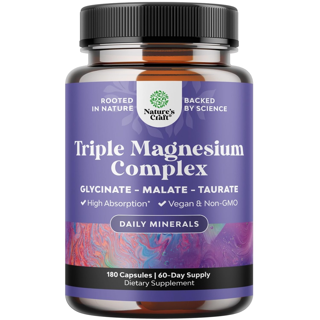 Triple Magnesium Complex Supplement - High Absorption Magnesium Glycinate, Malat & Taurate Blend for Muscles Energy Support & Heart Health - Triple Mg Complex 400 mg kapsler - 180 Tæl