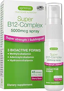 Igennus Triple Vitamin B12 Complex 5000mcg, Flydende Sublingual Spray, 45 Servere, Metyleret methylcobalamin, Adenosylcobalamin & Hydroxocobalamin, Høj Styrke & Ren, Naturlig Cherry Flavor, Vegan