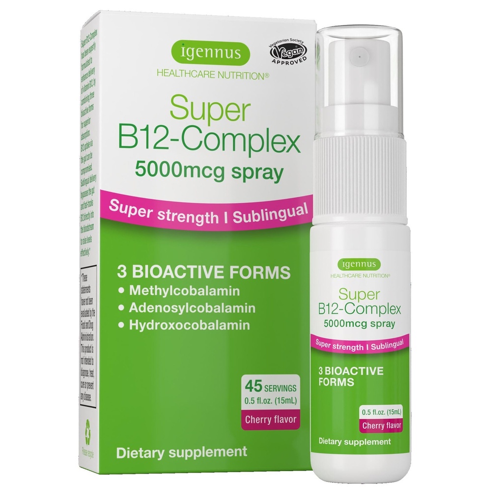 Igennus Triple Vitamin B12 Complex 5000mcg, Flydende Sublingual Spray, 45 Servere, Metyleret methylcobalamin, Adenosylcobalamin & Hydroxocobalamin, Høj Styrke & Ren, Naturlig Cherry Flavor, Vegan