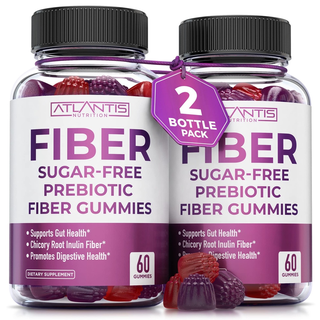 Atlantis Nutrition Sugar Free Fiber Gummies for Voksen - 5G Fiber Supplement Formuleret med 5.4G Prebiotic fordøjelsesblend - Understøtter Gut Sundhed & fremmer sund fordøjelse - 2-Pack 120 Gummies
