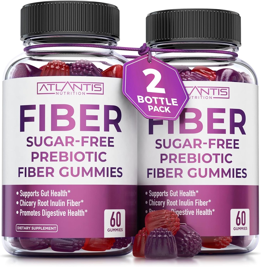 Atlantis Nutrition Sugar Free Fiber Gummies for Voksen - 5G Fiber Supplement Formuleret med 5.4G Prebiotic fordøjelsesblend - Understøtter Gut Sundhed & fremmer sund fordøjelse - 2-Pack 120 Gummies