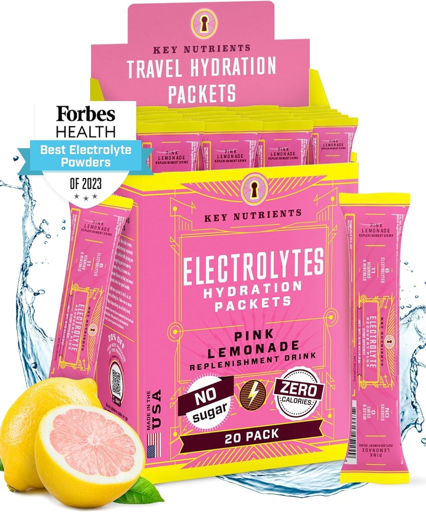 KEY NETRIENSER Electrolytes Powder Packets - Fresh Pink Lemonade 18 Pack Hydration Packets - Travel Hydration Powder - Ingen sukker, Ingen kalorier, Gluten Free - Made in USA