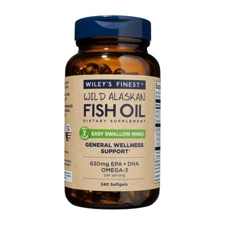 Wiley 's Finest Wild Alaskan Fish Oil Easy Swallow Minis - Omega-3 Fish Oil Supplement for voksne og børn - Double- Strength 630mg EPA og DHA Natural Supplement - 240 Mini Softgels (120 Servere)