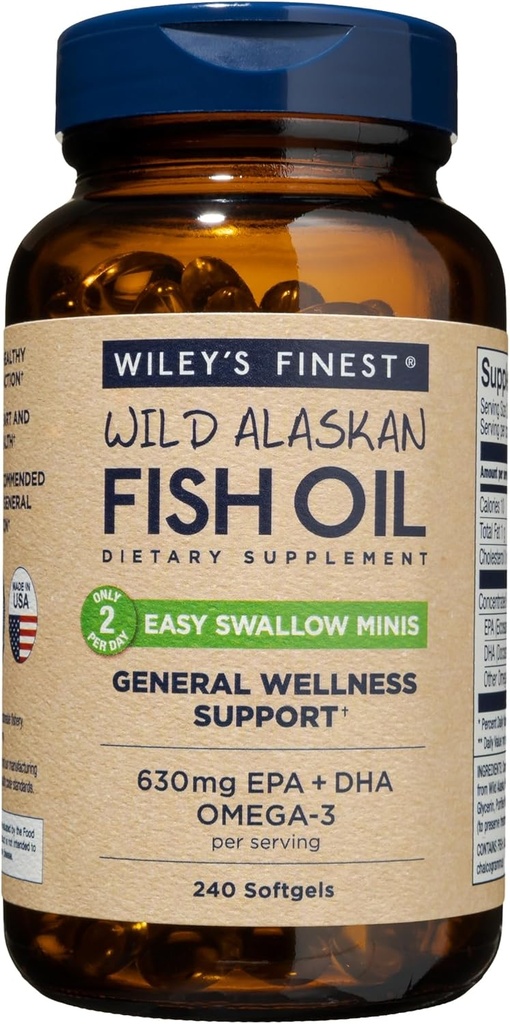 Wiley's Finest Wild Alaskan Fish Oil Easy Swallow Minis - Omega-3 Fish Oil Supplement for Adults and Kids - Double-Strength 630mg EPA and DHA Natural Supplement - 240 Mini Softgels (120 Servings)