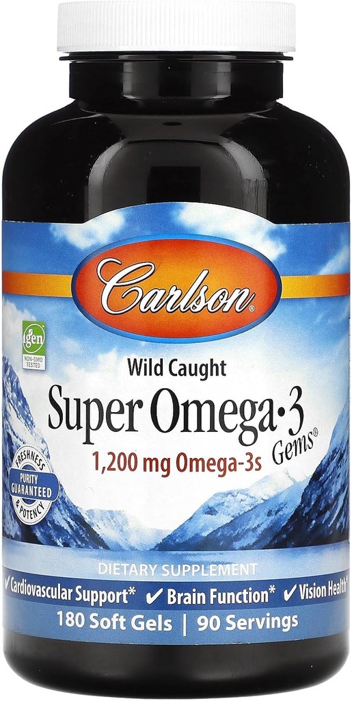 Carlson - Super Omega-3 Gems, 1200 mg Omega- 3s, Cardiovaskulær Support, Brain Function & Vision Health, 180 bløde geler