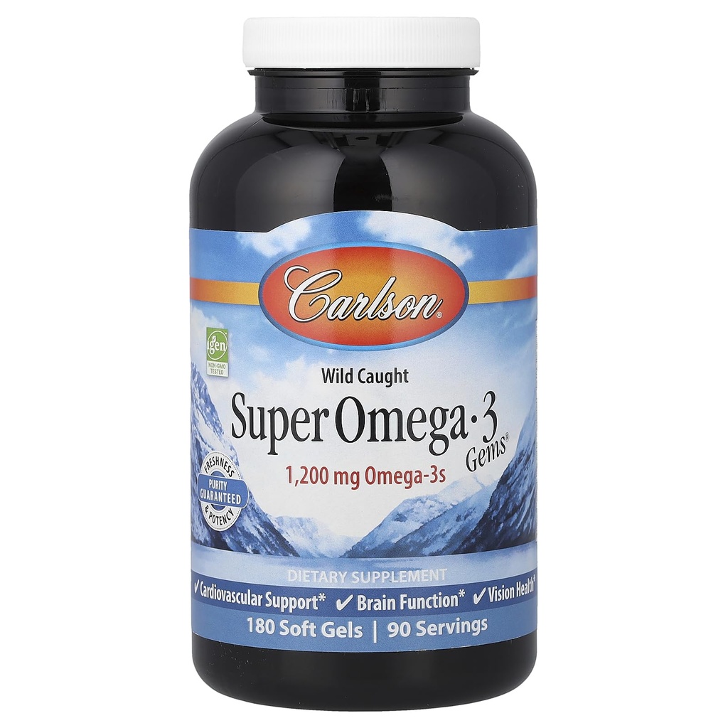 Carlson - Super Omega-3 Gems, 1200 mg Omega- 3s, Cardiovaskulær Support, Brain Function & Vision Health, 180 bløde geler