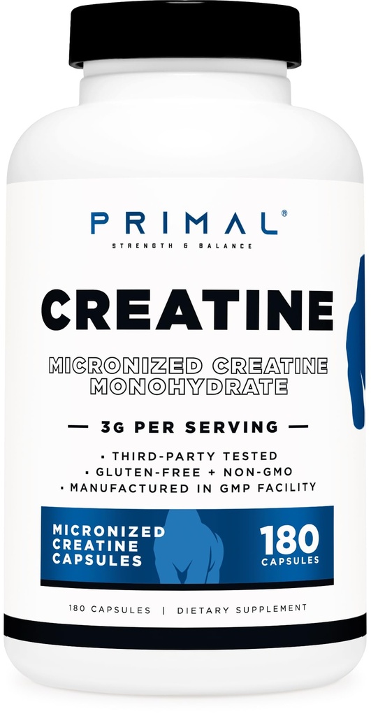 Primær Creatin monohydrat (3.000 Mg, 180 Caps) - Mikroniseret Creatin Supplement, 750mg Per Capsule, Great for Preworkout and Recovery - Gluten- Free, Non- GMO
