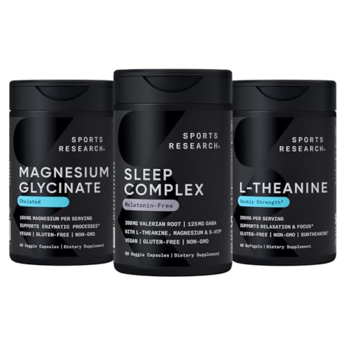 Sports Research Double Strength L- Theanine Supplement Softgels for Focus & Relaxation, Magnesium Glycinate for Restaured Sleep & Enzymatiske Processer + Sleep Complex Melatonin- Gratis Veganske Kapsler