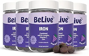 BeLive Iron Gummies - Multivitamin jerntilskud med C-vitamin, A, B & Zink, understøtter blod oxygen, Vegan Kosttilskud til kvinder, Mænd & Kids for Growth and Development - Grape Flavor