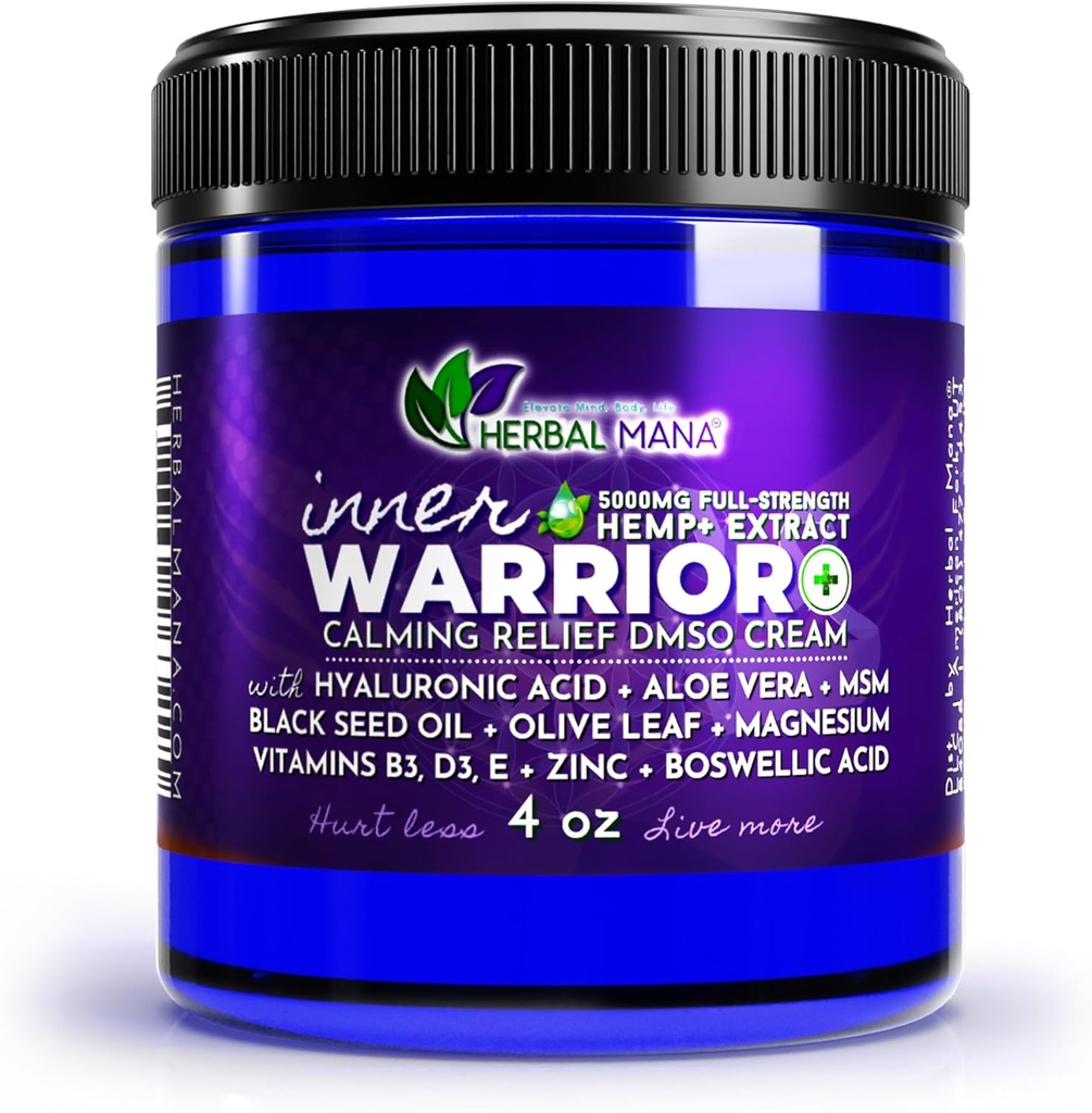 Herbal Mana Inner Warrior Cream, 5000mg Hamp, 99,9% Pure DMSO, Nerve Calming, Muscle Relief - Organic Magnesium, MSM, Lavender & Rose Oil