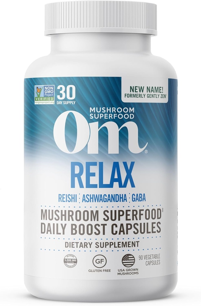 OM MUSHROOM SUPERFOOD Relax Mushroom Capsules, 90 Count, 30 Days, Reishi Mushrooms, Ashwagandha, GABA, L-Theanine, Magnesium, Adaptogens for Stress Support (Formerly Gently Zen, Packaging May Vary)