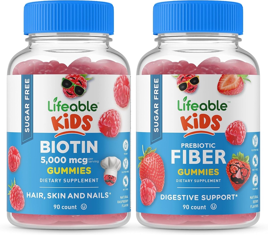 Lifeable Sugar Free Biotin Kids + Preciotic Fiber Kids, Gummies Bundle - Great Tasting, Vitamin Supplement, Gluten Free, GMO fri, Chewable Gummy