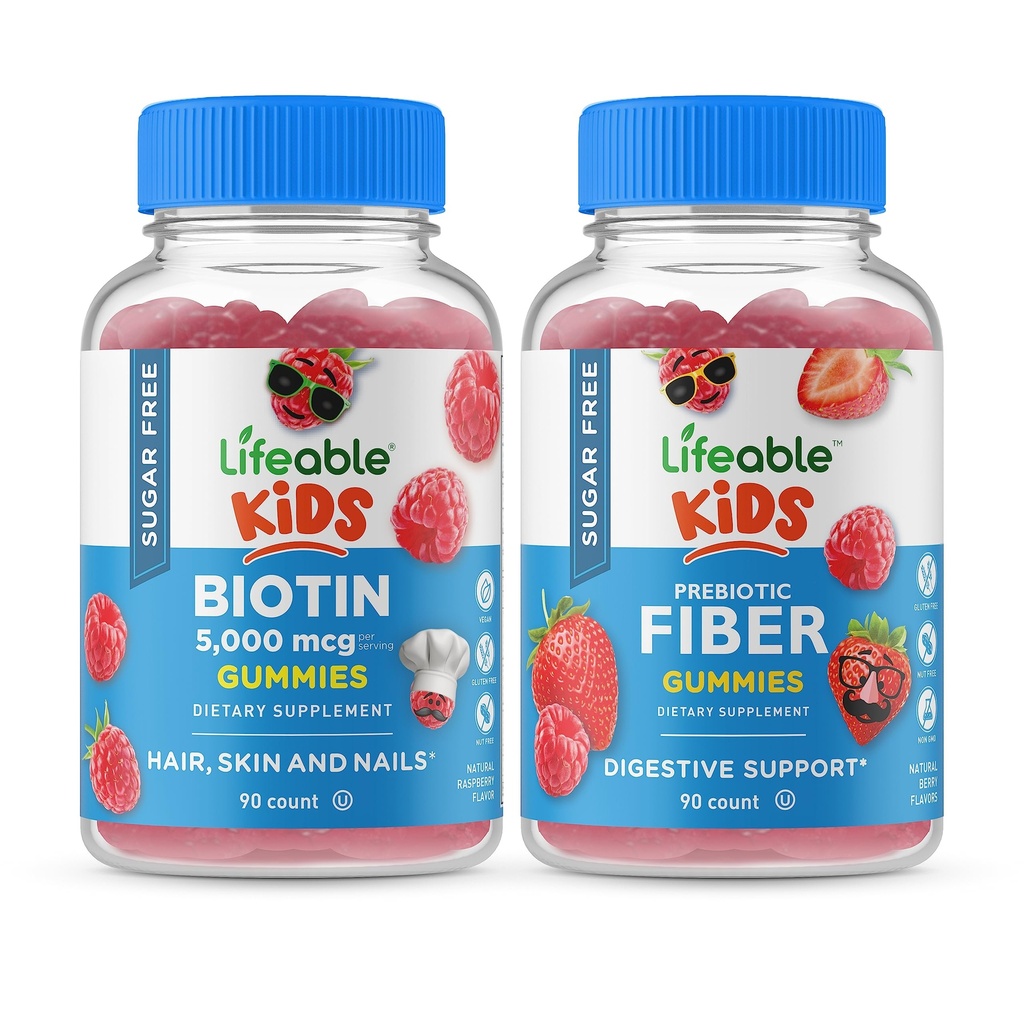 Lifeable Sugar Free Biotin Kids + Preciotic Fiber Kids, Gummies Bundle - Great Tasting, Vitamin Supplement, Gluten Free, GMO fri, Chewable Gummy