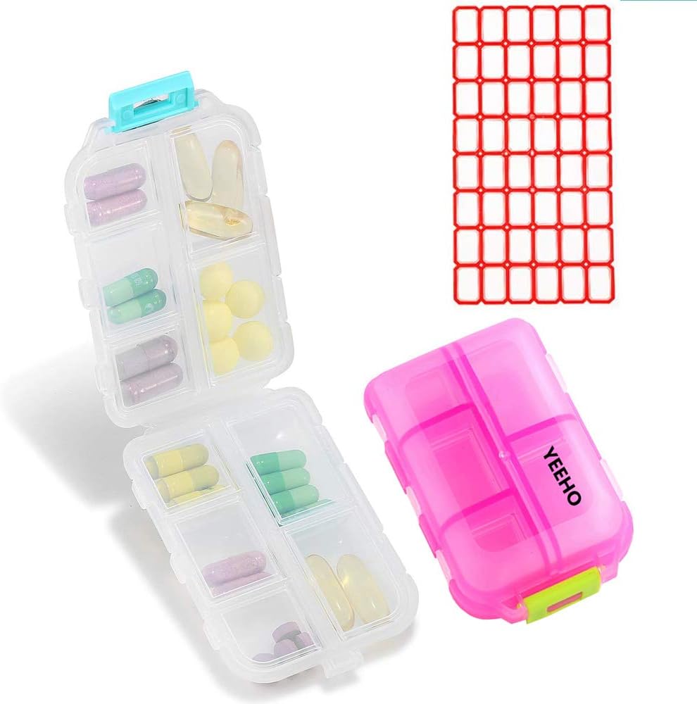 Pill Case (2 Pack) - Bærbare små kosttilskud tabletbeholder boks med 10 kompartmenter - Medicin Capsule Vitamin Organizer Dispenser Holder Opbevaring til rejse Trip Pocket Purse (Pink + hvid)
