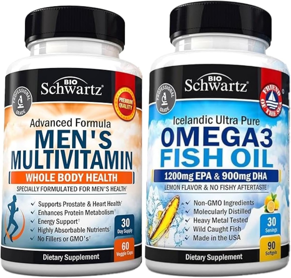 Advanced Daily Men 's Multivitamin med vitamin C A B D3 E og zink (1 måned Tilgang) Plus tredobbelt styrke Omega 3 Fish Oil Softels (1 måned Tilgang)