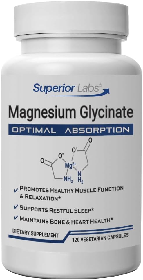 Superior Labs Magnesium Glycinate 1250 mg, High- Absorption, Pure Non- GMO, Understøtter Quality Sleep, Eases Muskelkramper, Bone & Heart Health, 120 Veg Caps
