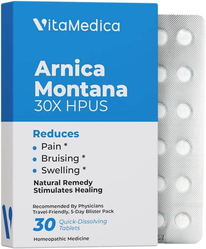 Arnica Montana 30X HPUS, Clinical Grade, Quick Dissoll Tablets, Five- Day Recovery Pack for Pain and Bruise Relief Efter kirurgi eller skade, naturlig healing, genert på maven - 30 Greve
