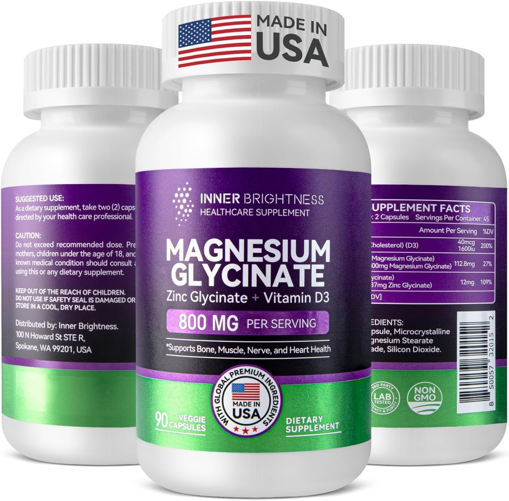 Magnesium Glycinat - Magnesium tillæg med zink & vitamin D3 til immunforsvar, ben & muskelstøtte og hjerte sundhed - Non- GMO, Gluten- fri, blid på mave - 90 Vegetariske kapsler