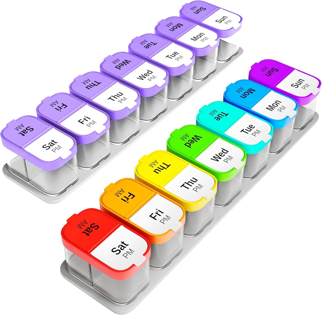 Ekstra stor Pill Organizer sæt - 2 XL Vitamin Indehavere med 7 Aftagelige AM PM Compartments - Pålidelig Medicin Dispenser til Hjem og Rejser, Big Supplement Container, Rainbow & Purple / White