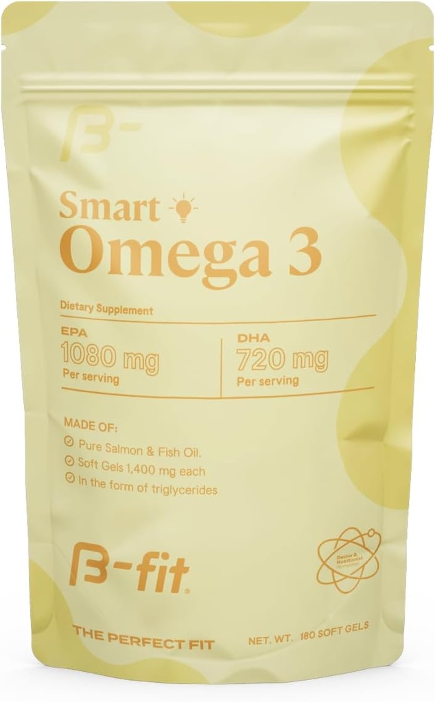 B- FIT Omega 3 Fish Oil - High Potency Patented Formel - 1800 mg med 1080 mg EPA & 720 mg DHA - 180 Odorless Softgels fra Norwegian Salmon - 60- Day Supply - Heart, Brain & Joint Support