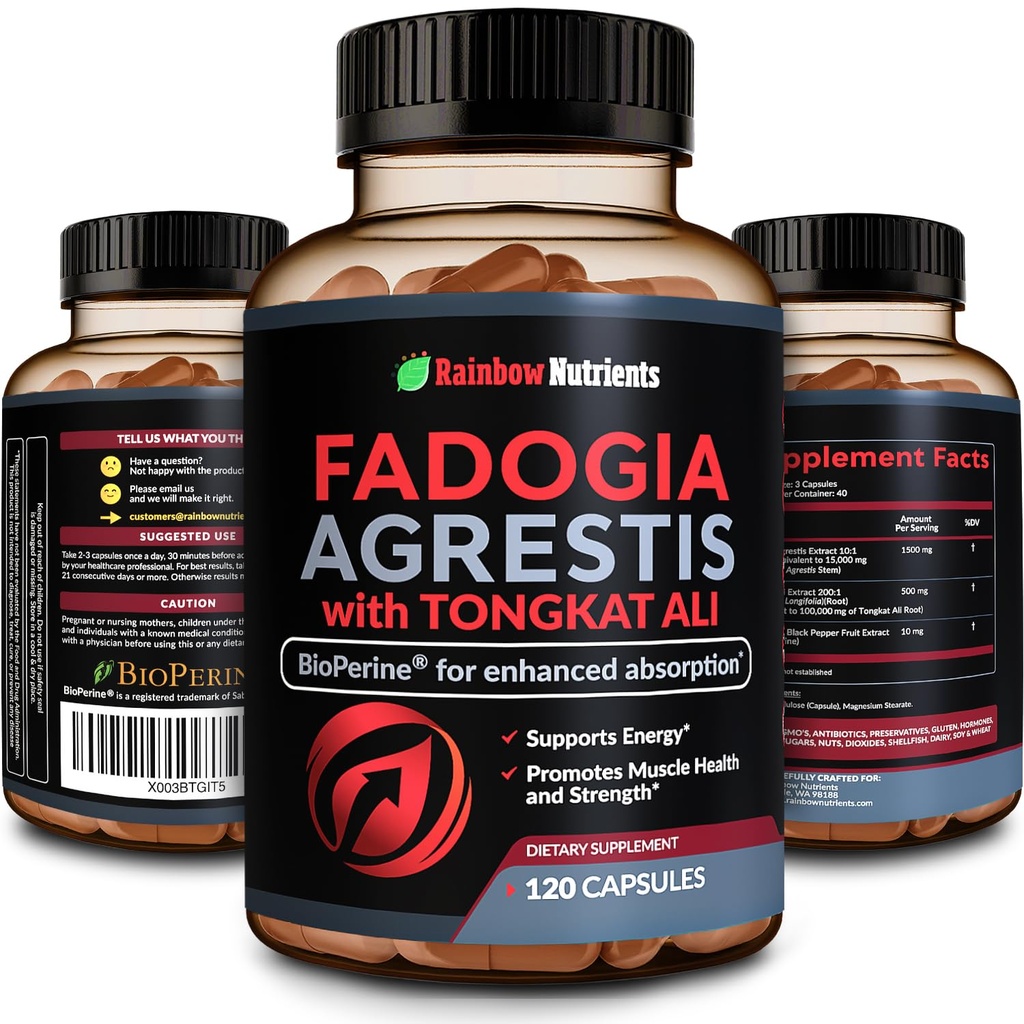 115,000mg Fadogia Agrestis med Tongkat Ali + BioPerine ® [Max Absorption] - Understøtter Stamina, Styrke, Focus, Muscle Health & Recovery, Drive & Performance - Non- GMO & Lavet i USA - 120 V kapsler