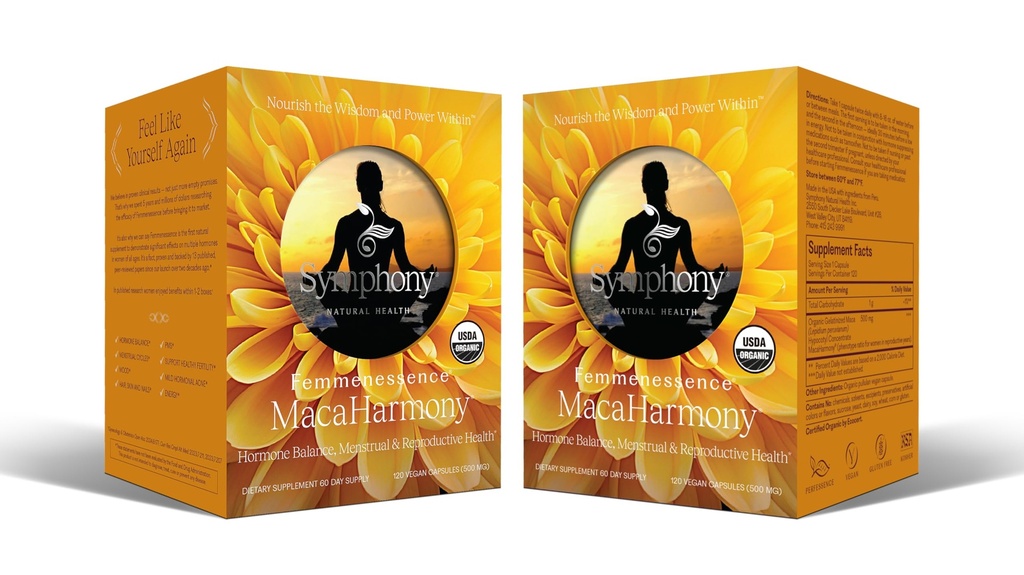Femmenessens ® MacaHarmony ® - Klinisk undersøgt Hormonbalance Support til menstruation, PMS Relief, Mood, Skin & Fertilitet (240 kapsler, 120 dages forsyning)