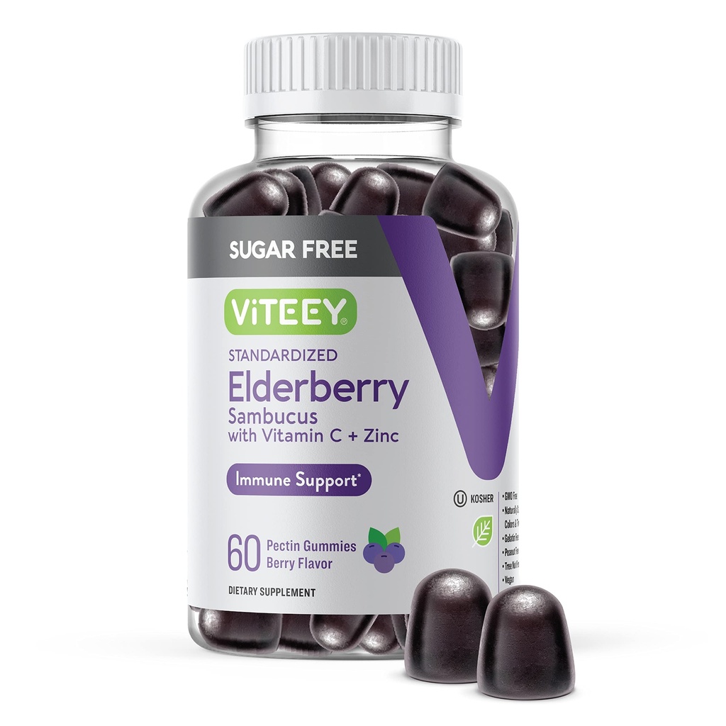 VITEEY Sambucus Elderberry Gummies for adult & Teens + Zink & C-vitamin - Sugar Free - Immunsupport & Booster Herbal Supplement - Vegan, Gluten Free, Gelatine Free, GMO Free, Chewable Berry Flavored