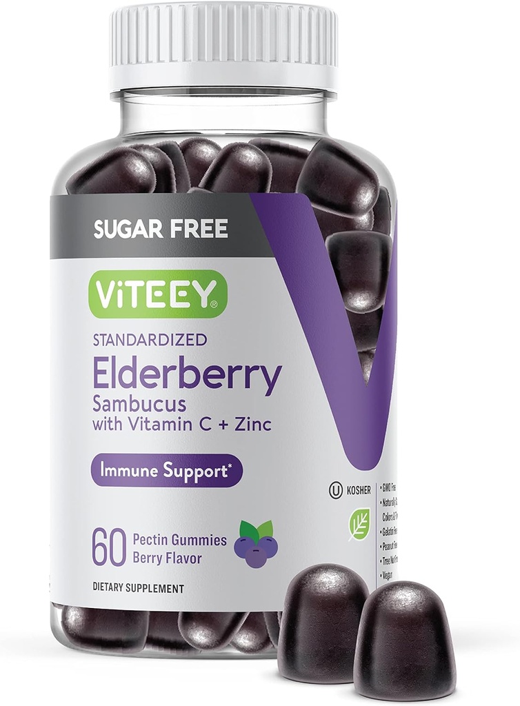 VITEEY Sambucus Elderberry Gummies for adult & Teens + Zink & C-vitamin - Sugar Free - Immunsupport & Booster Herbal Supplement - Vegan, Gluten Free, Gelatine Free, GMO Free, Chewable Berry Flavored