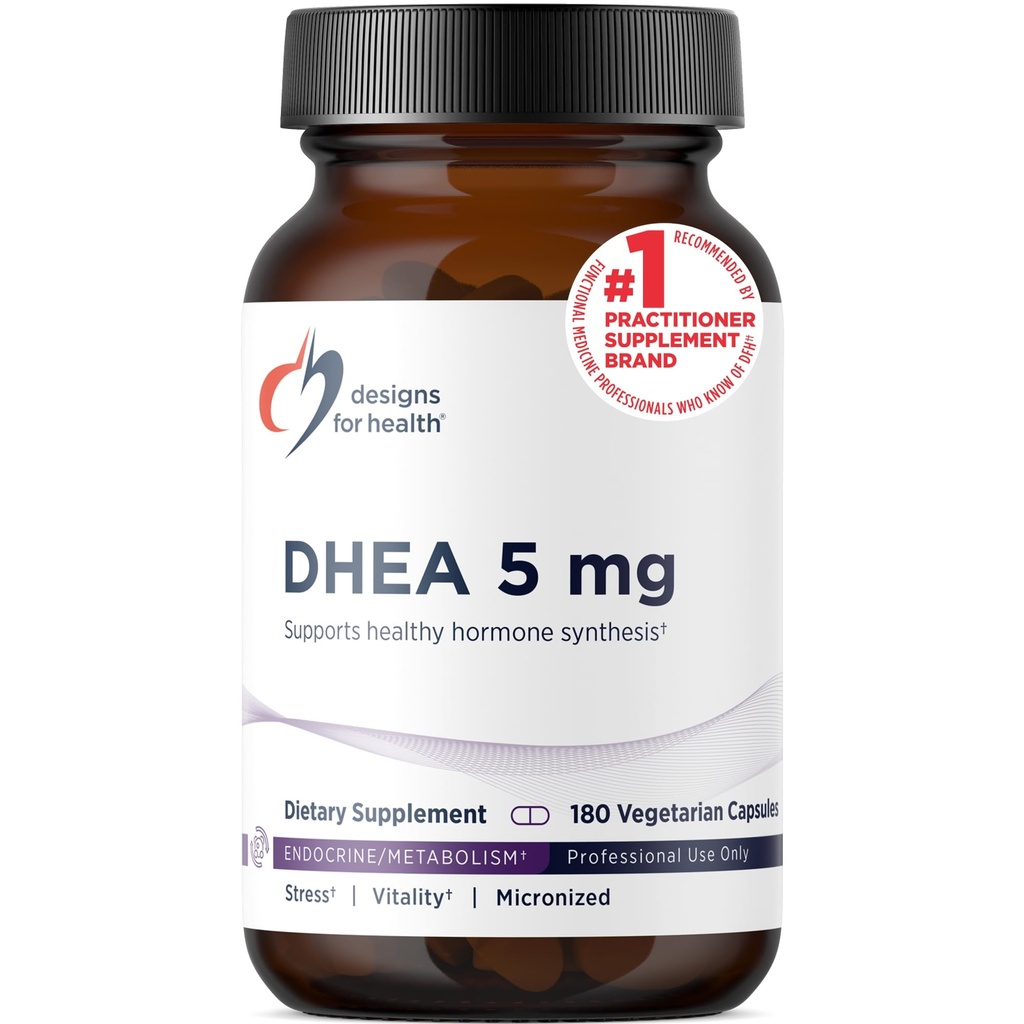 Design for sundhed DHEA 5mg - DHEA supplement til mænd + kvinder - supplement til hjælp støtte sund aldring, muskelintegritet, energi + Hormonal Syntese - Non- GMO (180 kapsler)