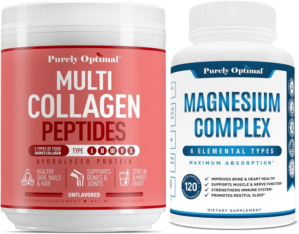 Helt Optimal Premium Multi Collagen Powder + Premium Magnesium Complex - Magnesium Citrate, Malat, Muskelrelaxation - 120 hætter