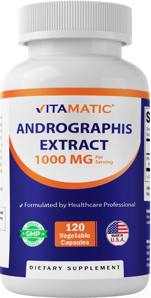 Vitamatic Andrographis Extract 1000 mg Per Serving - 120 Veg Capsules - 20X Extract, 100% Vegetarisk, All- Natural, Gluten Free, Non- GMO