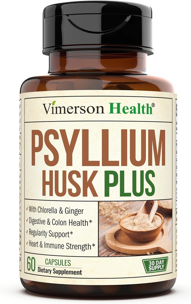 Fiber Supplement med 1080mg Psyllium Husk Pulver, Slippery Elm for kvinder & mænd, Ginger Root - High Fiber Pills for regularity, fordøjelse & Gut Sundhed - genert på Mave 60 Psyllium Husk Kapsler