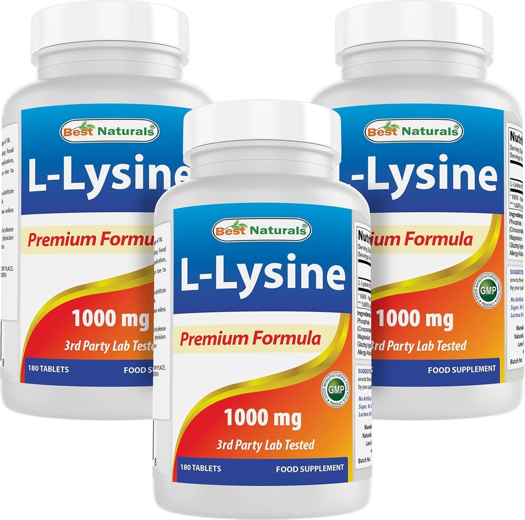 Bedste Naturals L- Lysin 1000mg 180 tabletter (180 greve (pakke med 1)) (3 flasker)