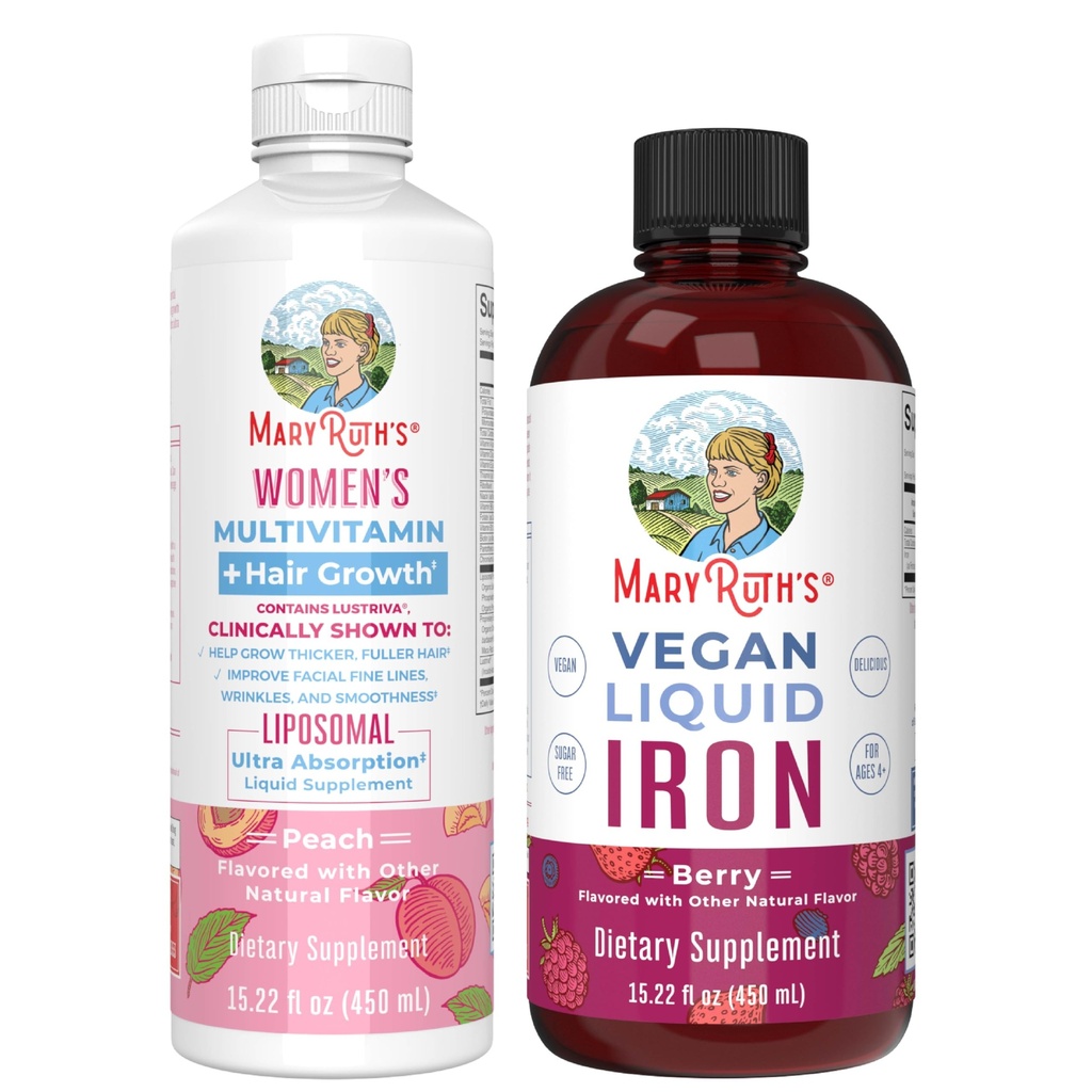 MaryRuth 's Women' s Multivitamin + Hår Growth Liposomal (Peach) & Iron Liquid (Berry) # 124; Clean Label Project Verified ® # 124; Kosttilskud til skønhed, Immunitet, & Samlet sundhed # 124; Vegan, Non-GMO, Gluten- Free