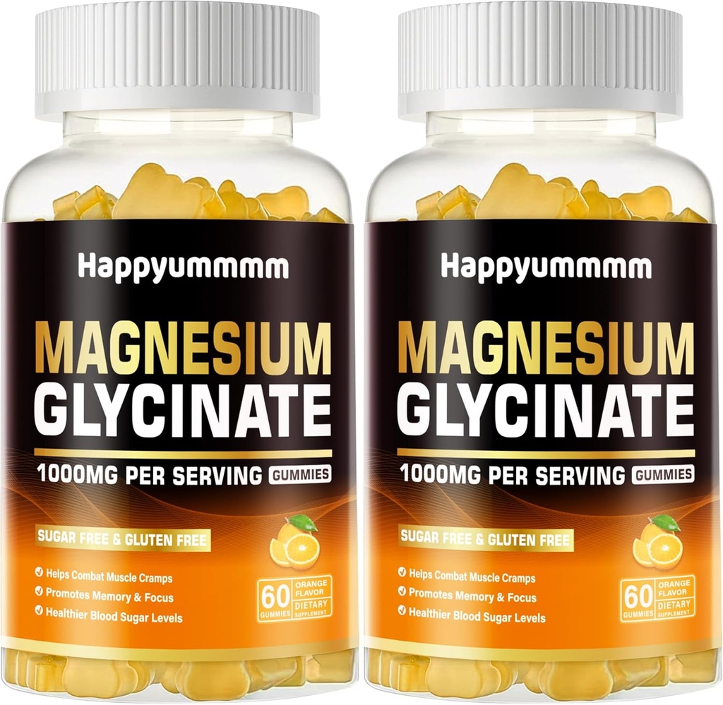 Magnesium Glycinate Gummies 1000mg - Sugar Free Magnesium Kalium Supplement med D-vitamin, B6, CoQ10 for Calm Mood & Sleep Support - 120 Orange Gummies.