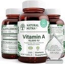 Naturlige Nutra Vitamin A 10.000 IE Softgels - High Potency Eye and Skin Vitaminer - Gluten- Free Vitamin A tillæg for syn & hudsundhed - Fisk Lever olie til mænd og kvinder, Gluten Free, 250 Softgels