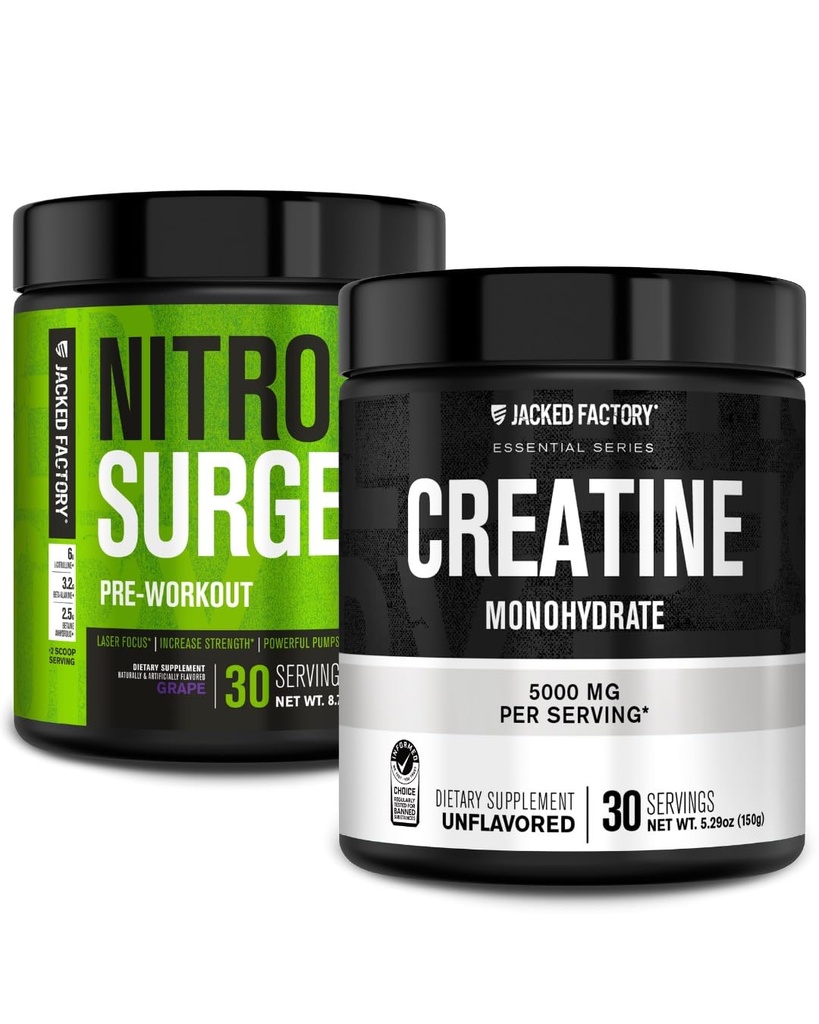 Jacked Factory NITROSURGE Pre Workout Supplement (Grape, 30 Servere) & Creatin monohydrat pulver (Unflavored, 30 Servere)