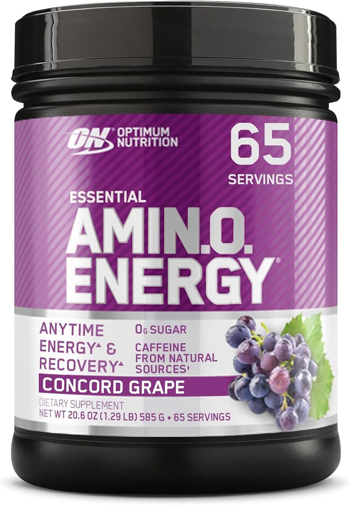 Optimum Nutrition Amino Energy - Pre Workout med grøn te, BCAA, Aminosyrer, Keto Friendly, Green Coffee Extract, Energy Powder - Concord Grape, 65 Servering (Packaging May Vary)