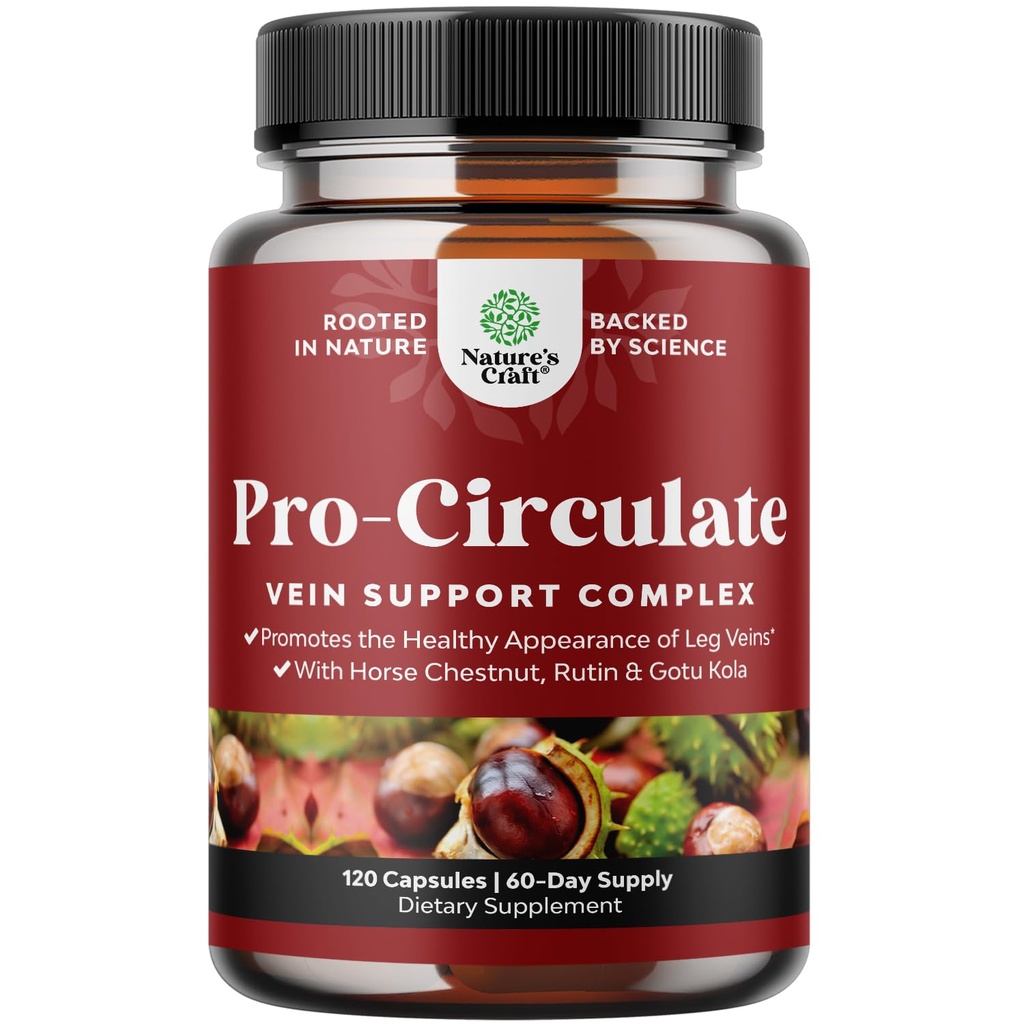Natures Craft Vein Support Supplement for Leg and Veins - Full Body Supplement for Spider & Varicose Veins and Improved Flow with Horse Chestnut Extract - Vegan Non-GMO Capsules - 120 Count