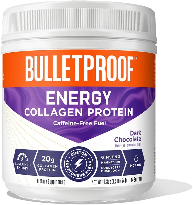 Bulletproof Dark Chocolate Energy Collagen Protein, 19.3 Ounces, Kaffefri brændstof med vitaminer og antioxidanter, Blend med Ginseng, Magnesium, Cordyceps Mushroom