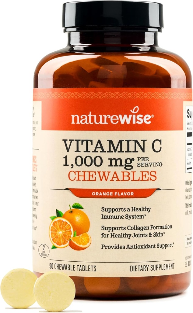 NatureWise Extra Strength Vitamin C Chewable 1000mg for voksne - Natural Orange Flavor - Immunsystem & Antioxidant Support - Non- GMO, Vegan & Sugar Free - 90 Chewable Tablets [45- Day Supply]