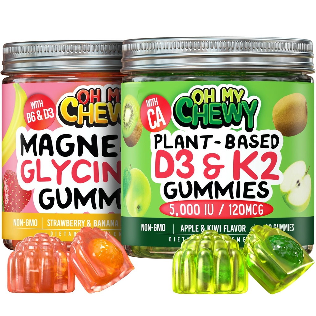 OH MY CHEWY Magnesium + D3K2 Gummies Bundle - 2 flasker (60 Hver) - Strawberry Banana & Apple Kiwi