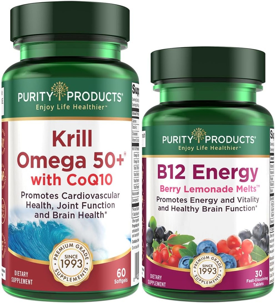 Renhed Produkter Bundle - Krill Omega 50 + med CoQ10 + B- 12 Energy Melt - Krill Omega 50 + med CoQ10 (Krill Oil, Fish Oil, CoQ10, D-vitamin) B- 12 Berry Melt (Methylcobalamin B12 + B6 + D3 + Mere)