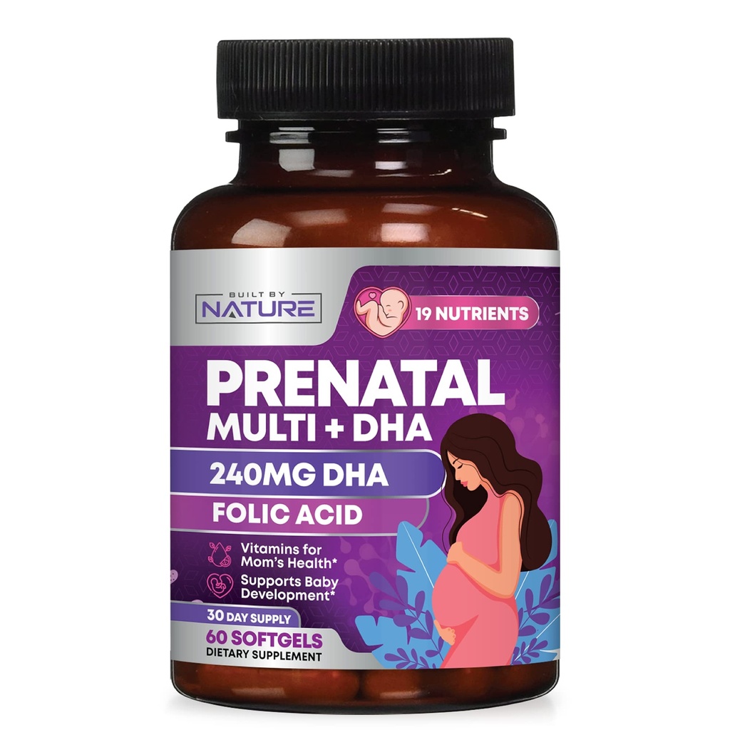 Prenatale vitaminer til kvinder - Multivitamin med DHA, Folinsyre, C-vitamin, B12, Jern & Omega-3 - Før, Under & efter graviditet supplement for sund vækst & hjerne udvikling - 60 Softgels
