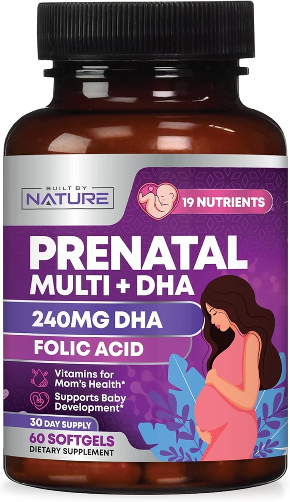 Prenatale vitaminer til kvinder - Multivitamin med DHA, Folinsyre, C-vitamin, B12, Jern & Omega-3 - Før, Under & efter graviditet supplement for sund vækst & hjerne udvikling - 60 Softgels