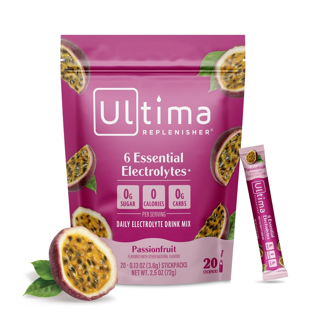 Ultima Replenisher Daily Electrolyte Powder Drink Mix - Sugar Free - Passionsfrugt, 20 Stickpacks - Hydrering Pakninger med 6 Elektrolytes og Trace Minerals - Keto Friendly, ikke-GMO
