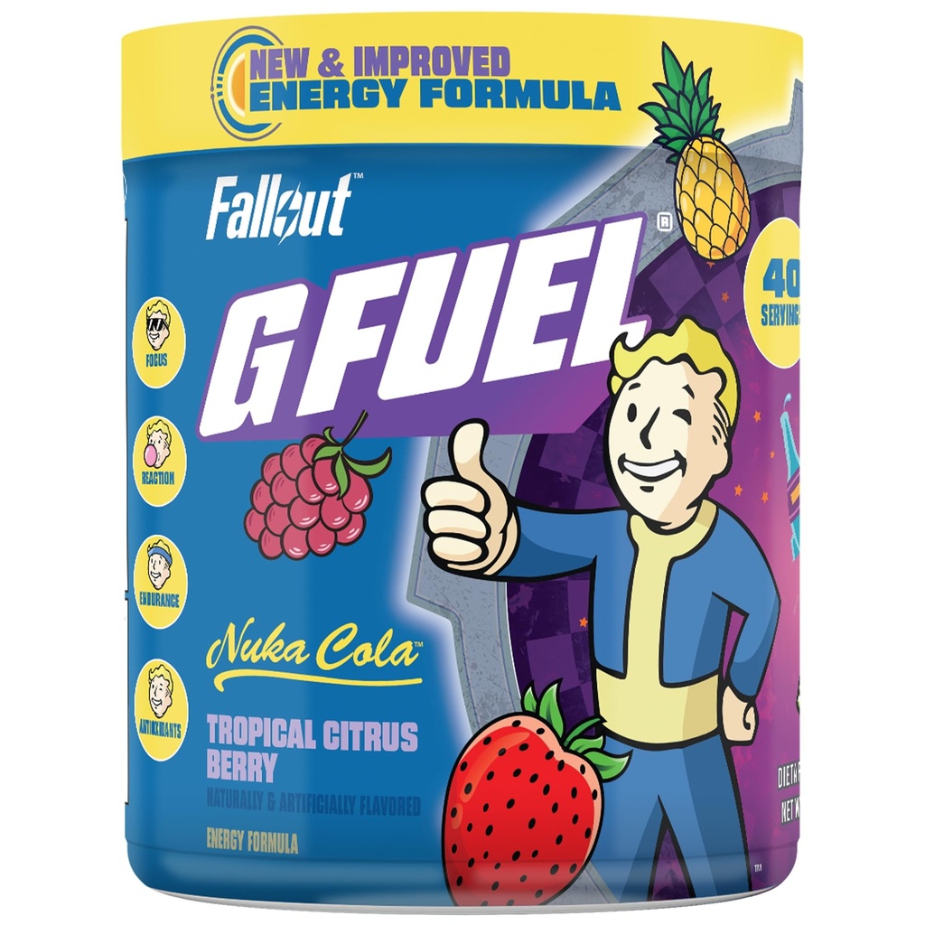 G Fuel Nuka Cola Energy Powder, Sugar Free, Ren koffein Focus Supplement, Vand Mix, Tropical Citrus Berry Flavor, Focus Amino, Vitamin + Antioxidanter Blend - 9.8 oz (40 Servere)