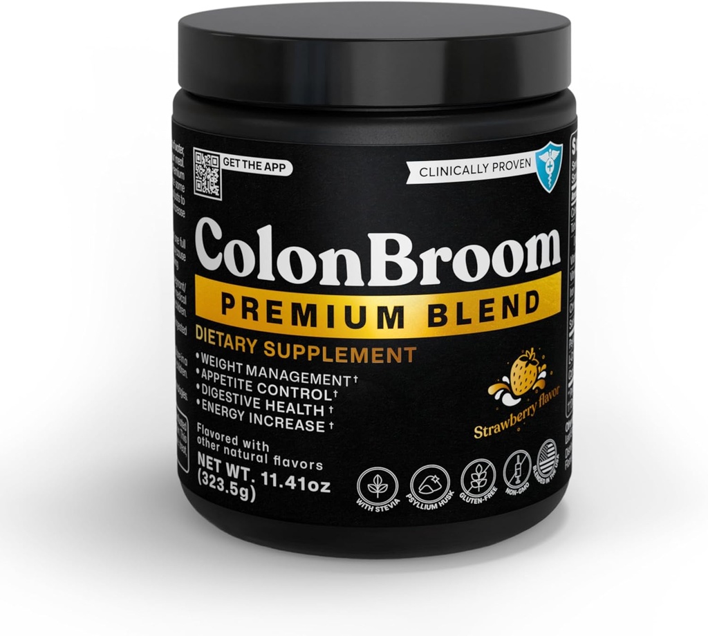 ColonBroom Premium Powder Supplement (Strawberry) - Colon Broom Psyllium Husk Fiber Powder Drikke - Gluten Free, Non- GMO Colon Cleanse for Bloating Relief & Gut Health, 50 Serveringer