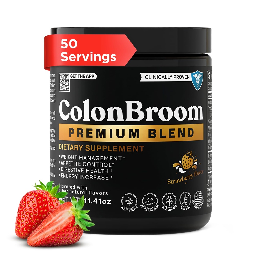 ColonBroom Premium Powder Supplement (Strawberry) - Colon Broom Psyllium Husk Fiber Powder Drikke - Gluten Free, Non- GMO Colon Cleanse for Bloating Relief & Gut Health, 50 Serveringer